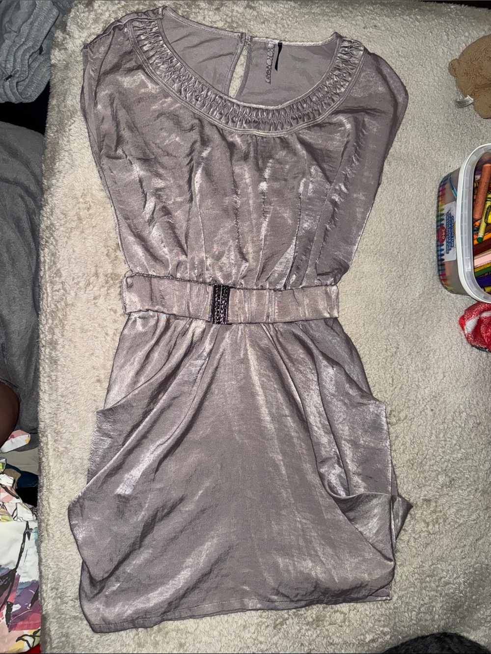 a'gaci Shimmery Taupe Mini Dress with Decorative Belt